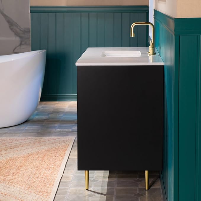 Woodbridge 48"x22" Bathroom Vanity with Single Ceramic Undermount Sink, White Engineered Stone Top, Hand-Painted Black & Gold Accents, Sleek Thin-Leg Frame, Space-Saving for Modern Living