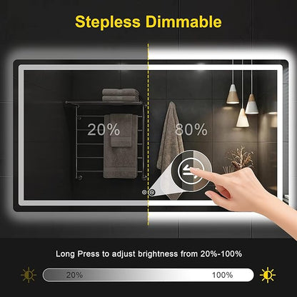 LED Bathroom Mirror with Lights - Anti-Fog, Dimmable, Backlit+Frontlit, 3 Color Light - 55"x30" Lighted Vanity Mirrors for Wall, Shatterproof Tempered Glass, Memory Function