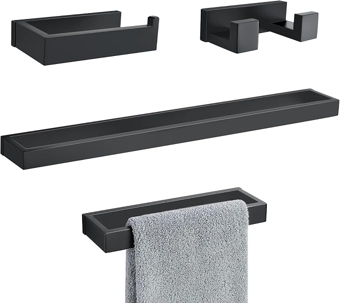 Lairuier Matte Black Bathroom Hardware Accessories, 4PCS Towel Bar Set | Including Towel Bar, Towel Holder, Toilet Paper Holder, Towel Hook, SUS304 Stainless Steel Bathroom Towel Holder Hardware Set