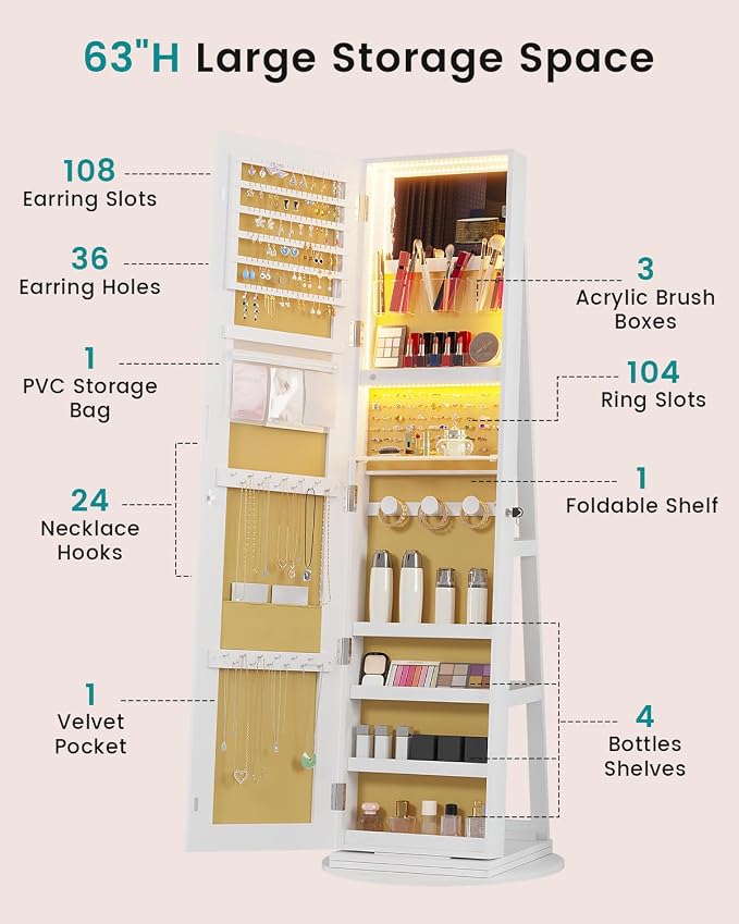 Vlskra Mirror Jewelry Cabinet Standing with Full Length LED Mirror, White | Lockable Jewelry Armoire with 14 RGB Color Modes, Rotating Jewelry Organizer with Dustproof Lock, Gift Idea for Women, Girls