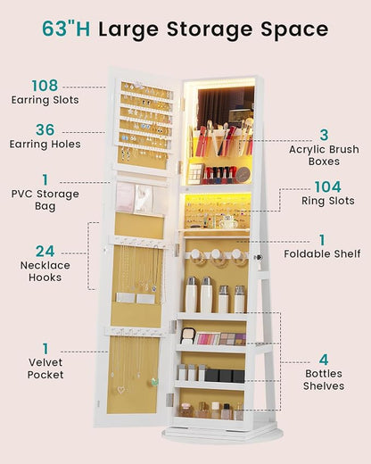 Vlskra Mirror Jewelry Cabinet Standing with Full Length LED Mirror, White | Lockable Jewelry Armoire with 14 RGB Color Modes, Rotating Jewelry Organizer with Dustproof Lock, Gift Idea for Women, Girls