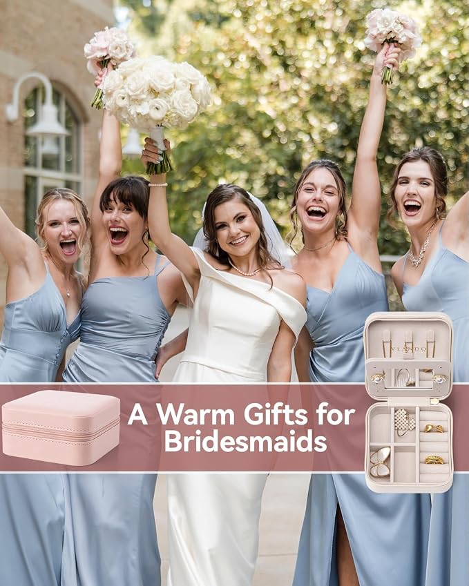 VLANDO Bridesmaid Gifts - Small Travel Jewelry Box Organizer - Wedding Gifts for Girls Women Rings Earrings Necklaces Storage with Mirror - Milky White | Necklace Hook for Anti-tangle, Removable Dividers, Waterproof PU Leather,Portable Storage for Ring...