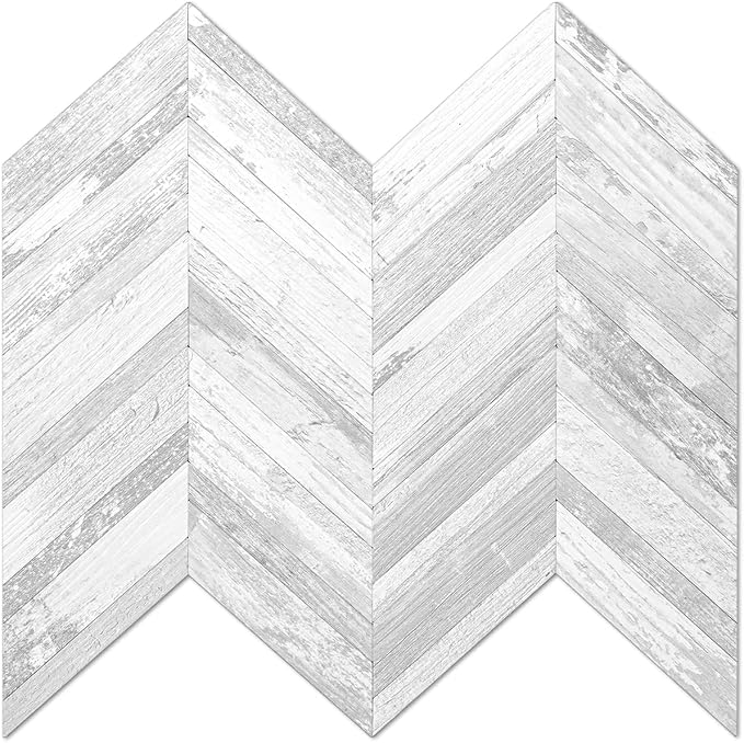 DICOFUN Herringbone Peel and Stick Backsplash, Vintage White Wood Look PVC Stick on Backsplash for Kitchen and Bathroom, 1 Sheet