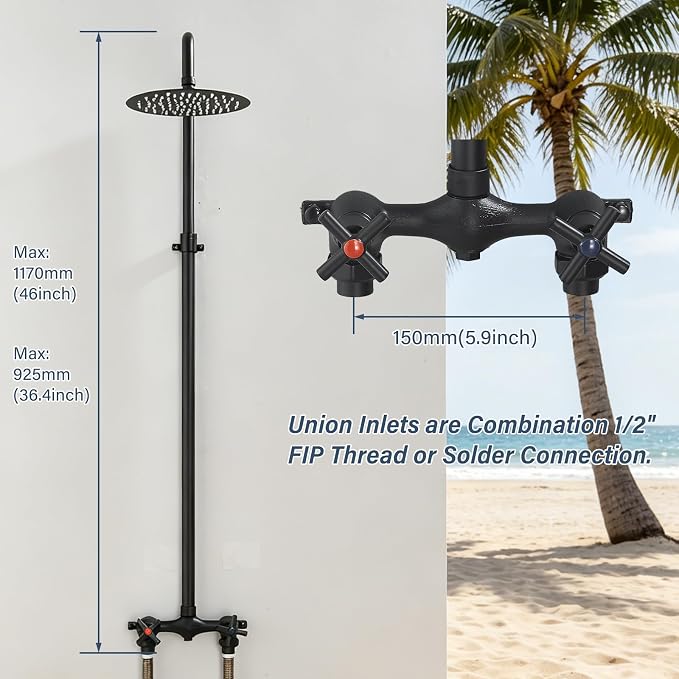 Outdoor Shower Kit with Matte Black 8 Inch Stainless Steel Rain Shower Head and Double-Handle Cross Handwheel,Adjustable Height Outdoor Shower Fixtures