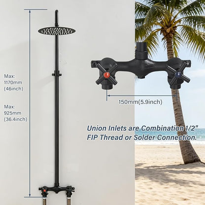 Outdoor Shower Kit with Matte Black 8 Inch Stainless Steel Rain Shower Head and Double-Handle Cross Handwheel,Adjustable Height Outdoor Shower Fixtures