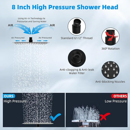 Hibbent All Metal 8'' Rain Shower Head, 16'' Extension Arm, Matte Black | cUPC Certified High Pressure Rainfall Showerhead with Solid Brass Adjustable Shower Head Extension Arm, Fixed Showerheads