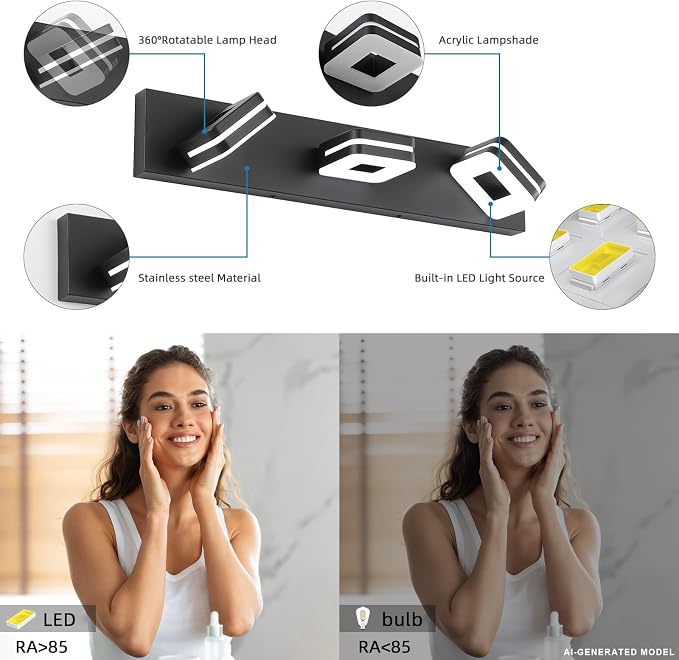 Modern LED Bathroom Vanity Light Dimmable Matte Black 3-Light Fixture 18W 24" Wall Light Day Light 5500K 110V AC