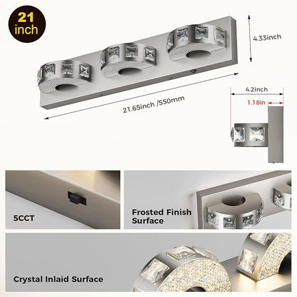 LED Modern Bathroom Vanity Lights 24W 21.6 inch Dimmable 5CCT Brushed Nickel Wall Lighting (3-Light) Crystal Bathroom Light Fixtures for Bathroom Mirror Restroom-ETL Certificated