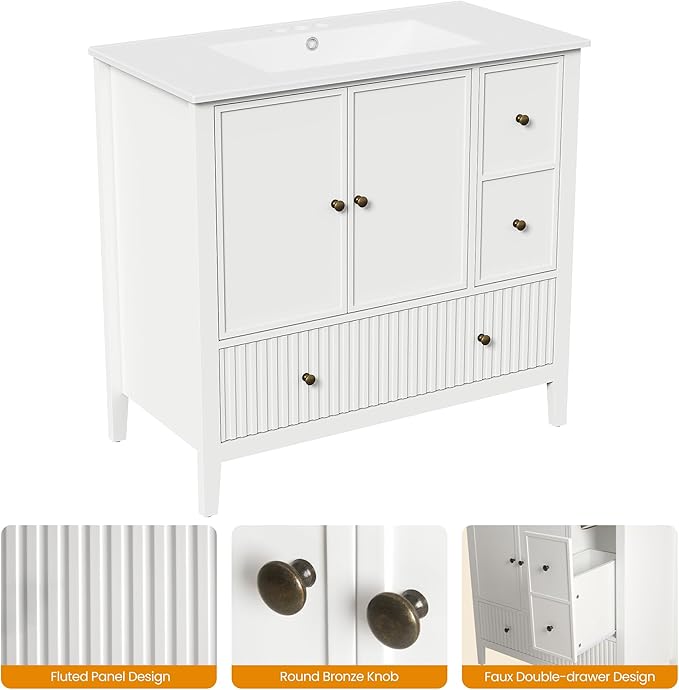 RoyalCraft 36'' Bathroom Vanity with Ceramic Sink Combo Set, Modern Wood Bathroom Cabinet with Soft Closing Doors and Fluted Drawers, Free Standing Storage Cabinet, White