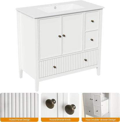 RoyalCraft 36'' Bathroom Vanity with Ceramic Sink Combo Set, Modern Wood Bathroom Cabinet with Soft Closing Doors and Fluted Drawers, Free Standing Storage Cabinet, White