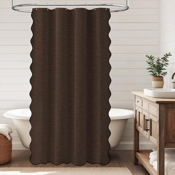 BTTN 48x72 Boho Scalloped Linen Textured Cloth Shower Curtain Set, Brown | Stall Size, 230GSM Waterproof Polyester, Heavy Duty Fabric, 8 Plastic Hooks, Elegant Modern Farmhouse Style, Machine Washable
