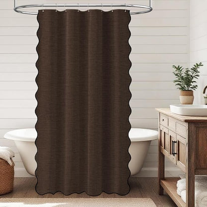 BTTN 48x72 Boho Scalloped Linen Textured Cloth Shower Curtain Set, Brown | Stall Size, 230GSM Waterproof Polyester, Heavy Duty Fabric, 8 Plastic Hooks, Elegant Modern Farmhouse Style, Machine Washable