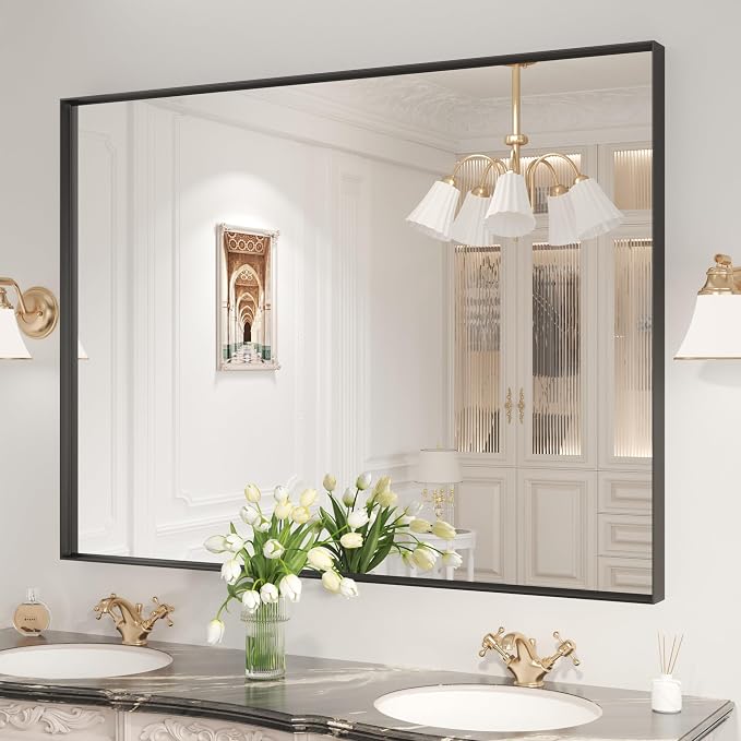 LOAAO Black Bathroom Mirror 48"X30" | Tempered Glass, Hangs Vertically or Horizontally, Easy to Install, Modern Design