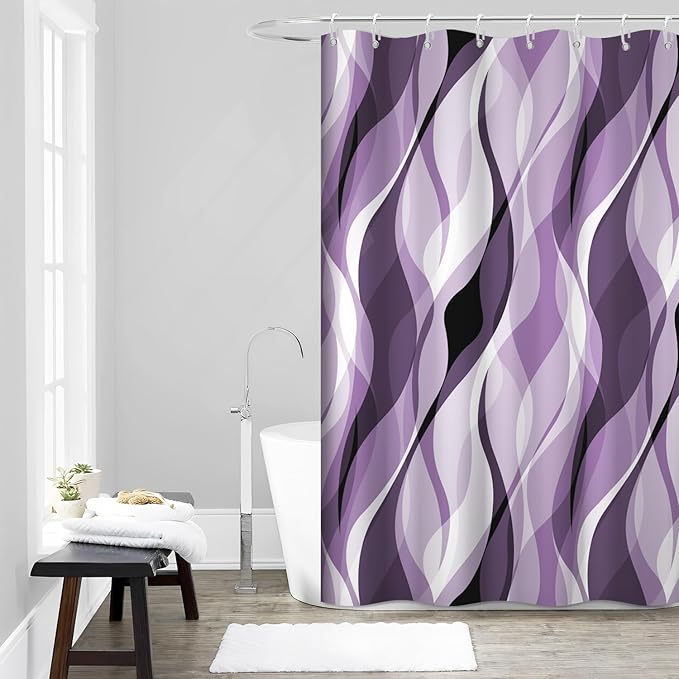 Purple Shower Curtain, Modern Abstract Purple and Grey Striped Shower Curtain for Bathroom Waterproof Lavender Shower Curtain Set with Hooks, 60x72 Inch
