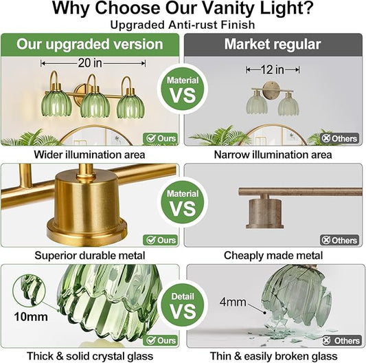 Bathroom Light Fixtures (3-Light, 20 in), Brushed Gold Vanity Lights for Bathroom with Ribbed Green Tulip Glass Shade, Vintage Vanity Wall Lights for Mirror Bedroom Living Room Hallway