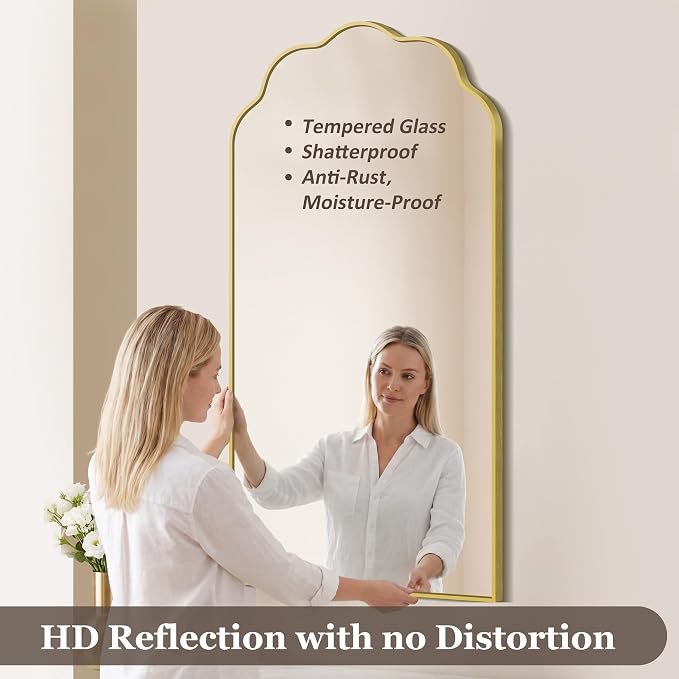 Gold Arched Mirror, 24×48Inch Scalloped Mirror for Bathroom, Wavy Wall Mounted Vanity Mirror with Aluminum Alloy Frame for Livingroom Bedroom and Entryway, Tempered Glass