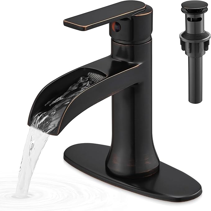 Waterfall Bathroom Sink Faucet Oil Rubbed Bronze, Brass Single Handle Bathroom Faucet 1 Hole or 3 Hole (4 Inch), Modern Bathroom Vanity Faucets with Pop Up Drain & Deck Plate for Rv Farmhouse