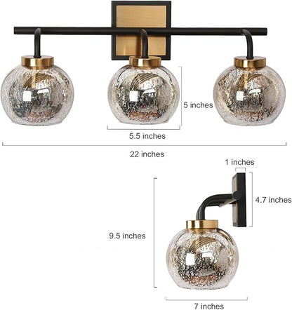 KSANA Black Gold Vanity Light, Modern 3-Light Bathroom Light Fixture with Mercury Glass Shade, Electroplating Brass 22”L Globe Vanity Lighting Over Mirror