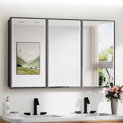 TokeShimi 48x30 Medicine Cabinet Mirror Bathroom Vanity Black Metal Framed Recessed or Surface Mounted Medicine Cabinet with Beveled Mirror with Storage Aluminum for Modern Farmhouse