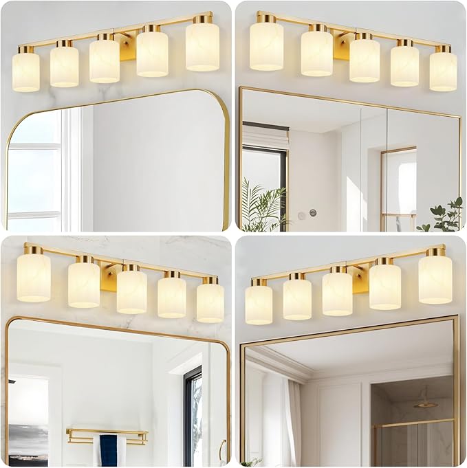 5-Light Bathroom Light Fixtures, Modern Vanity Lights, Gold Metal Wall Lamp with White Marble Glass for Bathroom, Mirror, Living Room, Bedroom, Cabinet, Porch, Hallway, E26 Base