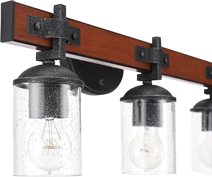 GLOBE Electric 51854 Kingston 3-Light Vanity Light, Dark Faux Wood, Galvanized Metal Accents, Clear Seeded Glass Shade, Bulb Not Included