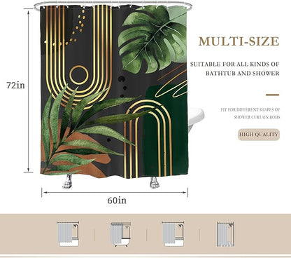Glawry Dark Green Gold Boho Mid Century Shower Curtain Abstract Tropical Plant Minimalist Modern Geometric Palm Leaf Bathroom Simple 60Wx72L Inches Bath Accessories Art Home Decor Fabric 12 Pack Hooks