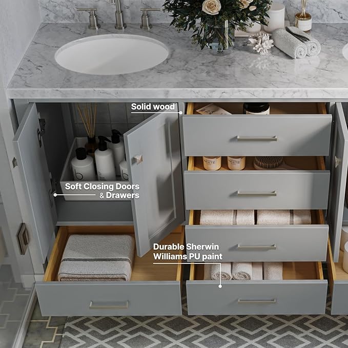 ARIEL Cambridge 66-inch Bathroom Vanity with Sink,Solid Wood, 1.5-inch Italian Carrara Marble Countertop & Backsplash, Double Oval Porcelain Sink, 4 Soft Closing Doors, 6 Dovetail Drawers, Grey