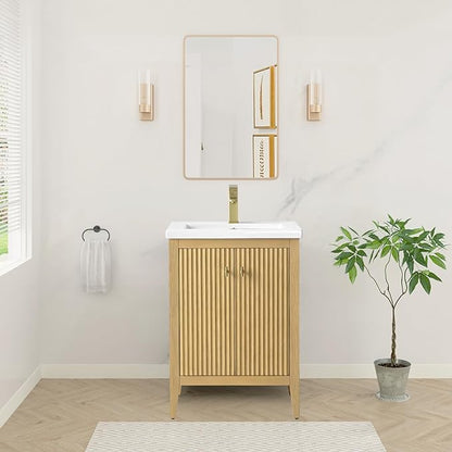 HOMEBEYOND 24" Bathroom Vanity with Ceramic Sink, Solid Wood Free-Standing Vanities Cabinet, Ceramic Top, Golden Brushed Handware & Soft Closing Door, Natural Oak