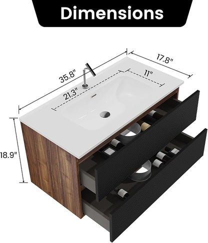 36'' Floating Bathroom Vanity with Sink Combo, Modern Bathroom Cabinet with 2-Soft Close & Large Storage Drawers, for Bath, Apartment, Hotel, Black and Walnut