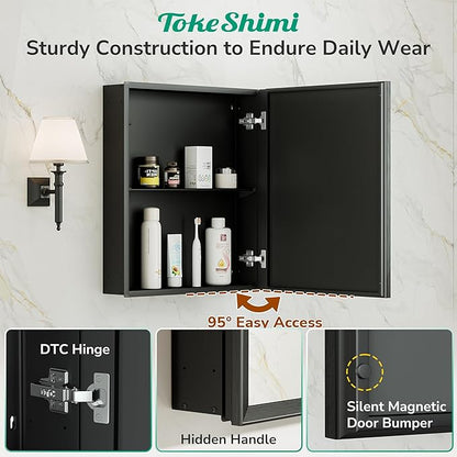 TokeShimi 14 x 18 Recessed Medicine Cabinet, Assembly Required, Black Bathroom Medicine Cabinet with Mirror, Stepless Adjustable Shelves, Tempered Glass, Beveled Aluminum Frame