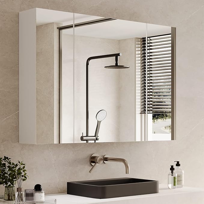 Medicine Cabinets Bathroom Mirror Cabinet with 3 Door 31.5x23.6 Inch Bathroom Wall Cabinet with Mirror Wall Mirror Storage Shelf with 3-Adjustable Shelves Storage Organizer Kitchen Cupboard,White