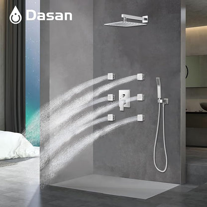 DASAN Full Body Shower System with 6 PCS Body Spray Jets & 12'' Rain Overhead Shower & Handheld, In Wall Rain Shower System Polished Chrome Shower Faucets Sets Complete with Valve, SA-SS03ACH-S12W