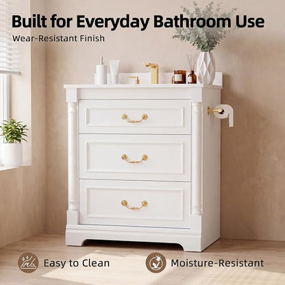 YESHOMY 30" Bathroom Vanity with Sink, Marble-Look Countertop, White | Freestanding Storage Cabinet with Ceramic Basin, Tilt-Out Drawer and Additional Drawers for Bathroom