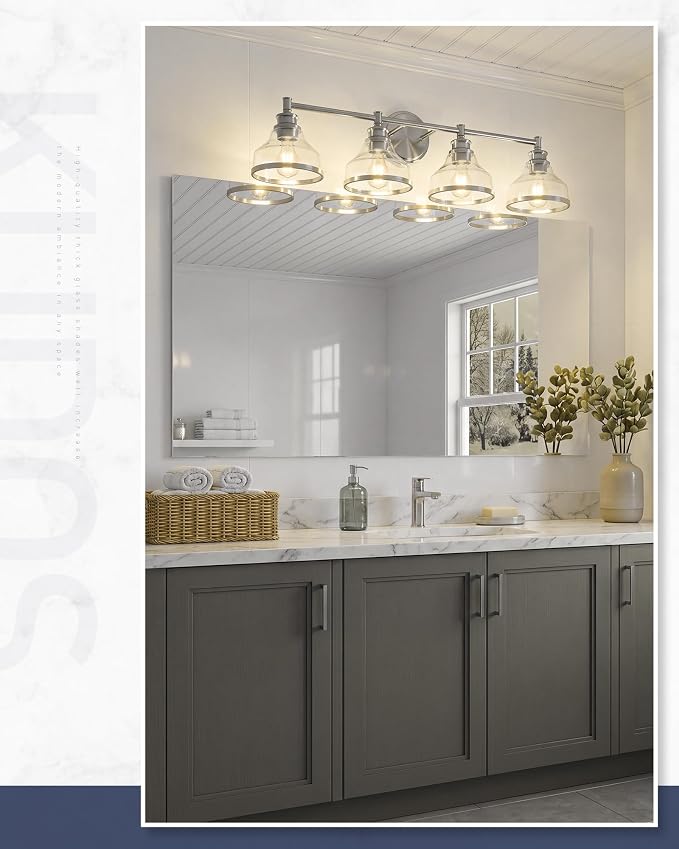 kudos 4-Light Brushed Nickel Vanity Light, Clear Glass Shade | 33" bathroom light fixtures over mirror, upward or downward, E26 base, bulbs not included, Hardwired, KDVL20-BN-4