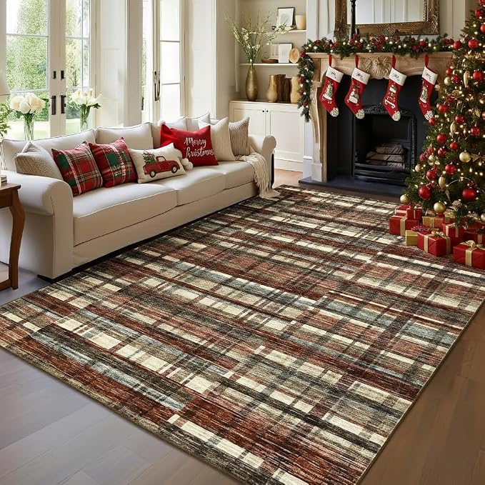 Living Room Rug 8x10 Area Rugs for Living Room Christmas Washable Rug Non Slip Modern Plaid Throw Rugs Low Pile Area Rugs for Bedroom Stain Resistant Carpet for Classroom Office Red 8'x10'
