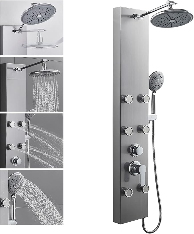 ROVOGO 304 Stainless Steel Shower Panels System with 8-inch Rainfall Shower, 6 Body Jets and 5-Setting Handheld Shower Wand, Shower Tower with Adjustable Head, Brushed
