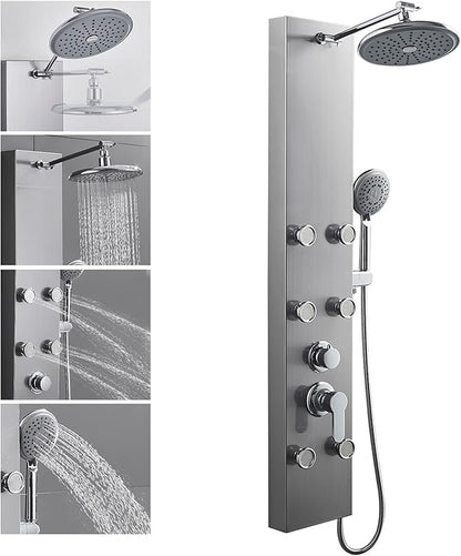 ROVOGO 304 Stainless Steel Shower Panels System with 8-inch Rainfall Shower, 6 Body Jets and 5-Setting Handheld Shower Wand, Shower Tower with Adjustable Head, Brushed