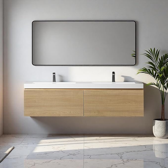 60'' Floating Bathroom Vanity with Sink, Wall-Mounted Bathroom Storage Cabinet with 2 Soft-Close Striped Drawers & Double Solid Surface Basins, Natural Oak Body with Internal Handle, Wood