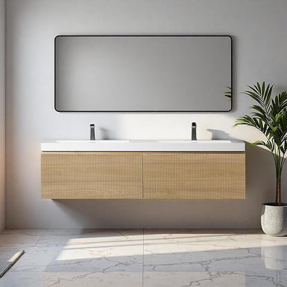60'' Floating Bathroom Vanity with Sink, Wall-Mounted Bathroom Storage Cabinet with 2 Soft-Close Striped Drawers & Double Solid Surface Basins, Natural Oak Body with Internal Handle, Wood