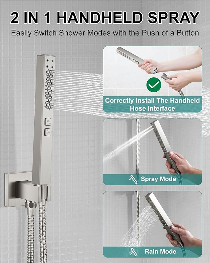 Shower Faucet Set Rainfall Shower System with Square Showerhead and Handle Set Fixture with 2 in 1 Function Handheld Sprayer Wall Mounted Trim Repair Kit Rough-in Valve 8 Inch Brushed Nickel