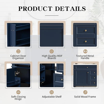 36" Bathroom Vanity Without Top Sink,Modern Freestanding Storage Cabinet with 2 Soft-Close Drawers & Tip-Out Tray,Solid Wood Frame Vanity Only w/Adjustable Shelf & Door Organizer,Blue