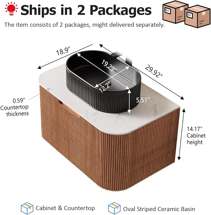 30 inch Floating Bathroom Vanity with Sink, Natural Solid Wood Modern Vanities with Ultra-Thin Ceramic Basin and Marble Top, Soft-Close Drawer, Pre-Assembled, Nature Wood with Black