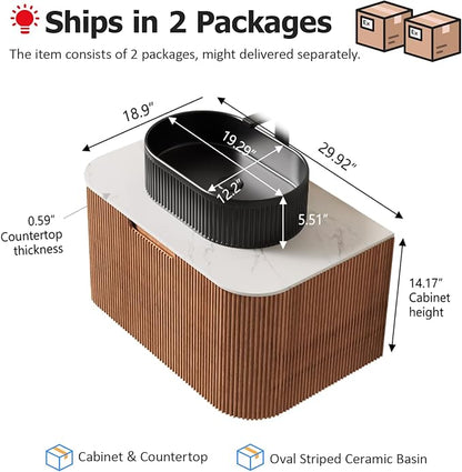 30 inch Floating Bathroom Vanity with Sink, Natural Solid Wood Modern Vanities with Ultra-Thin Ceramic Basin and Marble Top, Soft-Close Drawer, Pre-Assembled, Nature Wood with Black