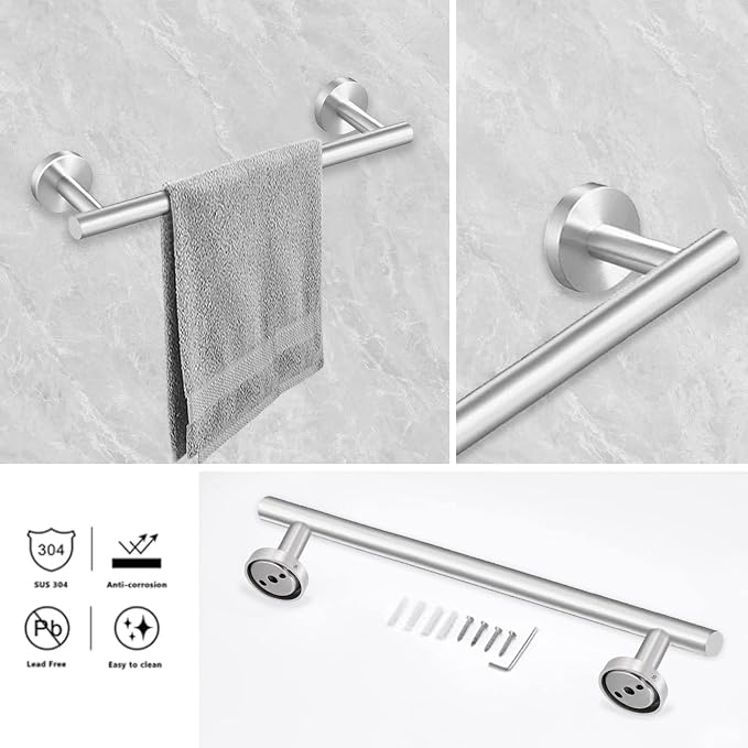 Cilee 10 Piece Brushed Nickel Bathroom Accessories Set 24inch Towel Bar Set | Brushed Nickel Towel Bar Ring + Toilet Paper Holder + Robe Towel Hook, Stainless Steel Bathroon Hardware Set