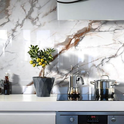 Marble Peel and Stick Waterproof Wall Paneling, 118" x 47" Calacatta Gold Glossy Finish Self-Adhesive Backsplash Tile Vinyl Wall Panel for Kitchen Bathroom Wall Decor, Covers 38.75 Sq. Ft.