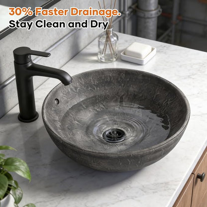 Ceramic Vessel Sink, Retro Round, 16.9" with Overflow | Handmade Wood-Grain Finish, Above Counter Install, Drain 1-3/4", Depth 6.5", Splash Guard, Scratch-Resistant, Easy Clean
