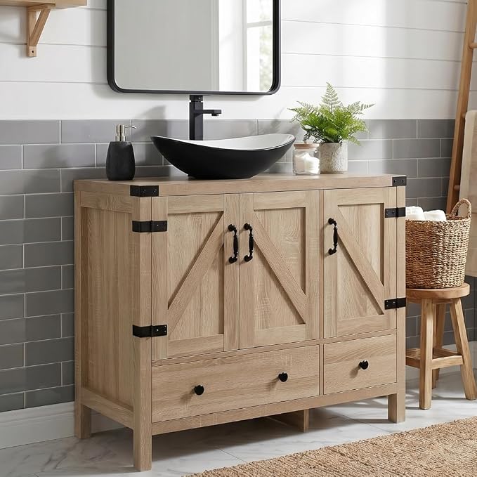 36" Natural Color Bathroom Vanity, Rustic Fixture Standing Pedestal Cabinet with Black and White Ceramic Boat Sink