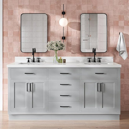 DKB Isabella 72 Inch Bathroom Vanity Double Sink — Grey Bathroom Vanity with Sink, 1.5" Edge Pure White Quartz Countertop, 4 Soft-Close Doors, 4 Dovetail Drawers, and 2 Tilt Drawers