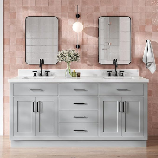 DKB Isabella 72 Inch Bathroom Vanity Double Sink — Grey Bathroom Vanity with Sink, 1.5" Edge Pure White Quartz Countertop, 4 Soft-Close Doors, 4 Dovetail Drawers, and 2 Tilt Drawers