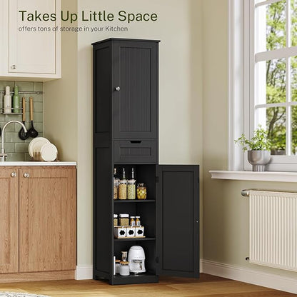 TEENFON 67" H Tall Storage Cabinet with 2 Doors and 1 Drawer, Narrow Black Cabinet with Adjustable Shelves, for Bathroom, Living Room, Entryway, Kitchen, Black